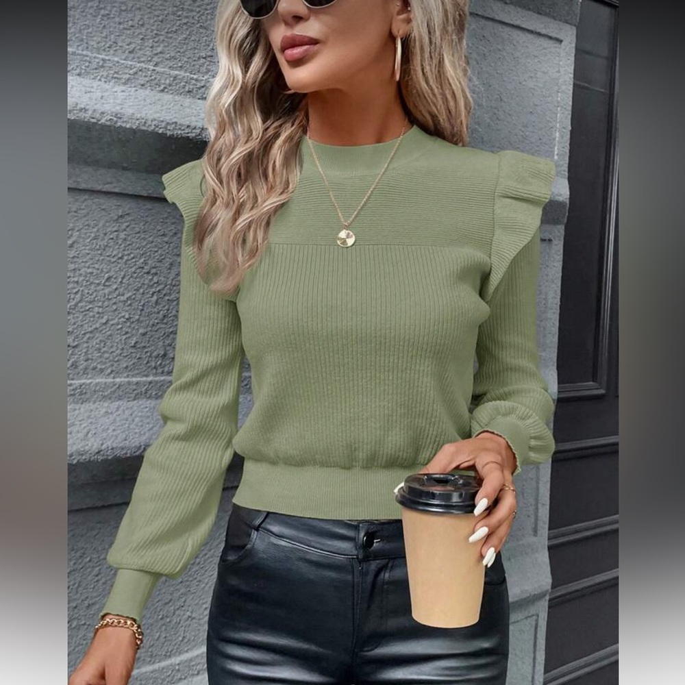 SHEIN ruffle hem long sleeve sweater